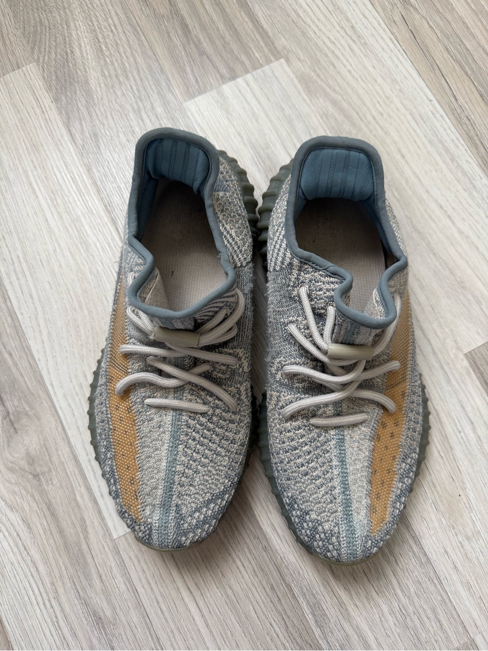 Yeezy Boost Style Knit Sneakers in Gray and Tan Stripe